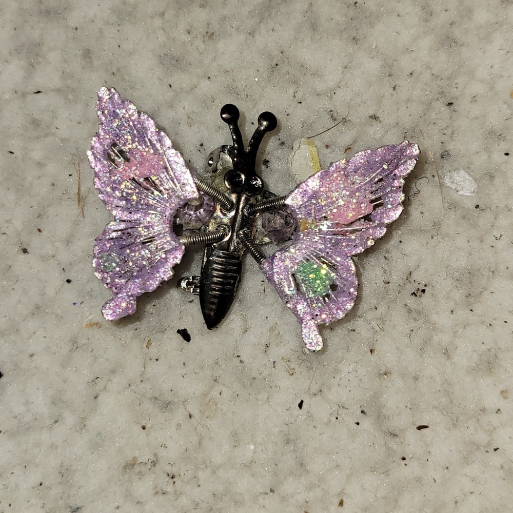 Vintage Pink Glitter Butterfly Brooch Pin Handmade Repaired Art Jewelry...